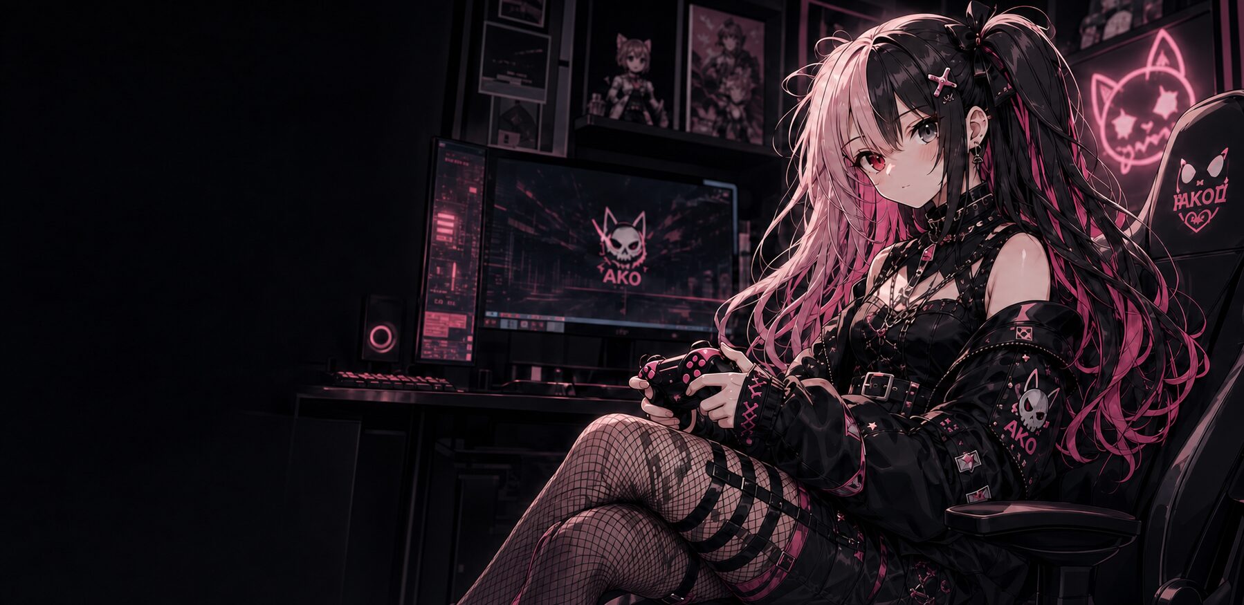 ゲームチェアに座り、コントローラーを持つあこたん